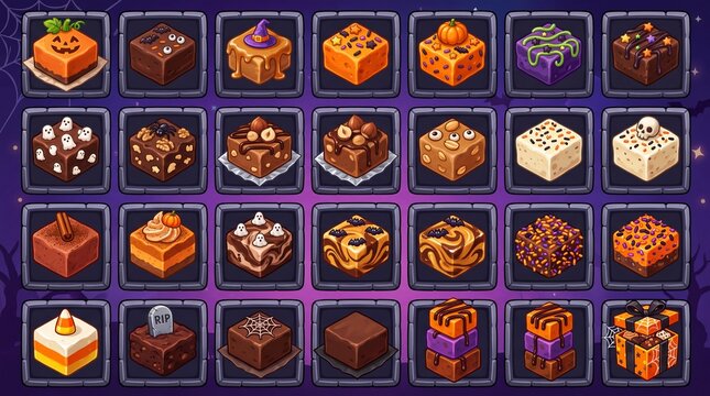 Halloween sweets and desserts game assets icon set containing icons for Pumpkin Brownie Ghost Cake Candy Corn Tombstone Fudge and Chocolate Gift Box for mobile game interface design