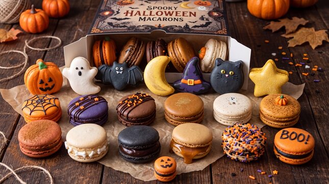 Halloween macarons box filled with spooky treats on dark wooden table. Featuring white ghost black bat yellow moon purple witch hat black cat and orange pumpkin shaped cookies with sprinkles