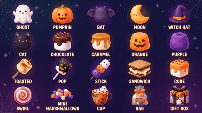Halloween party sweets and spooky treats element set containing icons for ghost pumpkin bat moon witch hat chocolate marshmallow caramel cake orange jelly and purple candy for seasonal projects