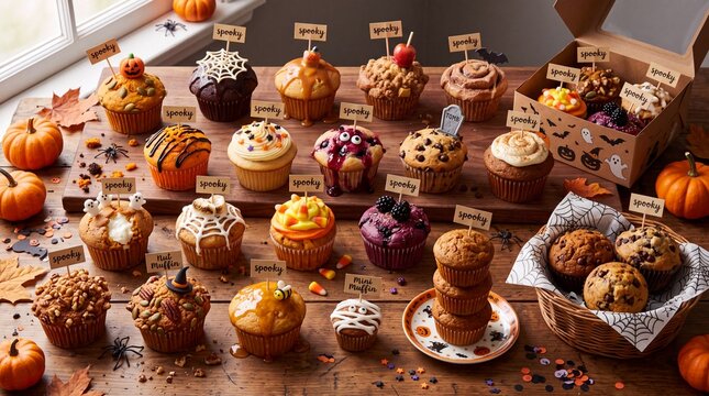 Halloween cupcakes assortment and decorated muffins. Featuring spider web icing and pumpkin toppings and candy corn on wooden board. Festive baked goods and desserts for autumn celebrations