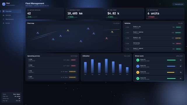 Fleet management dashboard with map and vehicle metrics animation