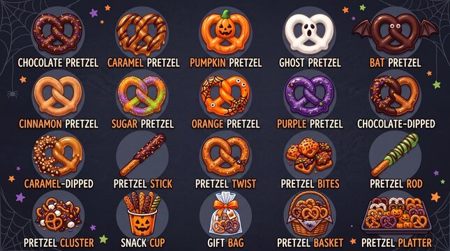 Halloween pretzel collection and holiday treats icon set containing icons for Chocolate Pretzel, Caramel Pretzel, Pumpkin Pretzel, Ghost Pretzel, Bat Pretzel, and Cinnamon Pretzel for seasonal food pr