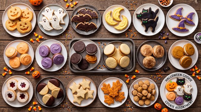 Halloween cookie assortment flat lay photo on rustic wooden background. Featuring pumpkin ghost bat cat and witch hat cookies on plates with candy corn. Festive seasonal dessert concept