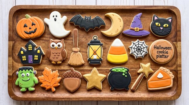Halloween cookie platter on a wooden tray containing decorated sugar cookies with ghost cat pumpkin bat witch hat haunted house broomstick lantern candy corn and cauldron shapes