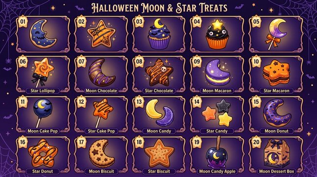 Halloween treats icon set featuring moon and star sweets. Cupcakes lollipops chocolates macarons and candies in a grid layout. Purple and orange palette for holiday party designs