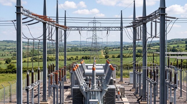High voltage electrical substation infrastructure featuring large industrial transformers and transmission power lines in a rural landscape