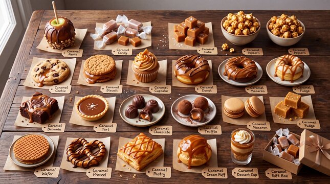 Caramel sweets and desserts assortment. Featuring caramel apple soft candies fudge cubes popcorn chocolate chip cookie biscuit cupcake glazed donut brownie tart truffles macaron and waffle