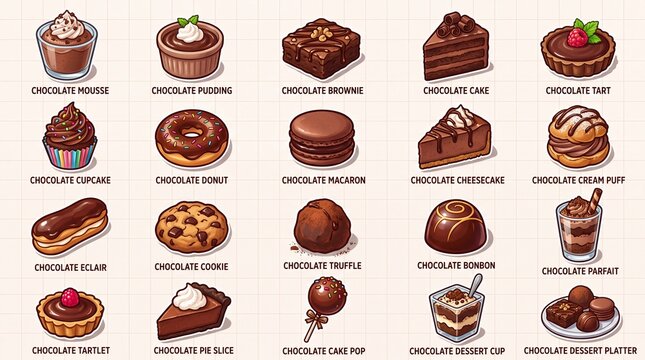 Chocolate dessert solid icon set containing icons for Mousse Pudding Brownie Cake Tart Cupcake Donut Macaron Cheesecake Cream Puff Eclair Cookie Truffle Bonbon Parfait and Pie for menu