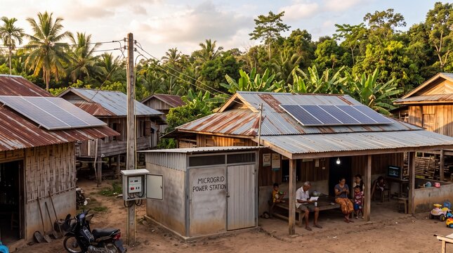 Rural community housing featuring rooftop solar panels for sustainable electricity generation in a lush tropical village landscape setting
