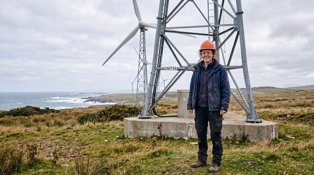 Portrait of a female technician standing in front of a modern wind turbine generator on a coastal landscape for renewable energy power production
