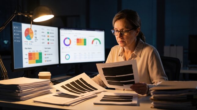 Woman working late with dashboards and documents, governance risk compliance, GRC analysis, risk assessment and audit review
