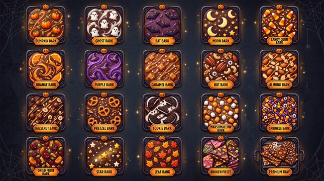 Halloween chocolate bark collection containing icons for pumpkin ghost bat moon candy corn orange purple caramel nut almond hazelnut pretzel cookie and marshmallow for festive projects