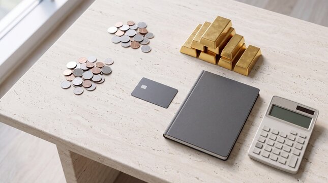 Top view of financial assets including shiny gold bullion bars, metallic coins, modern plastic payment card, notepad and a desktop calculator