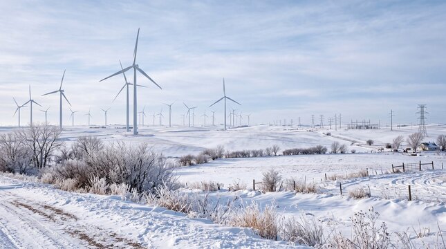 Vast winter landscape featuring an array of wind turbines generating sustainable electricity across a snow covered field under a clear blue sky