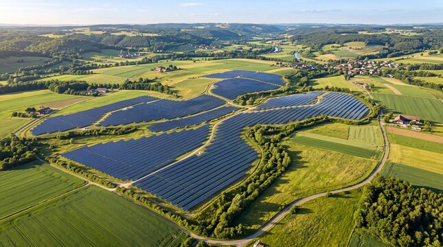 Aerial panoramic view of a massive solar energy farm integrated into a rural landscape featuring rows of photovoltaic panels in lush fields