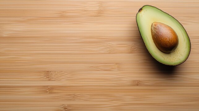 A halved avocado with a brown pit rests on a light brown wooden surface.