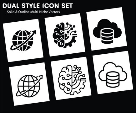 Dual Style Icon Set Featuring Global Network, Artificial Intelligence Brain, and Cloud Database Vector Graphics
