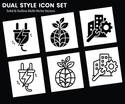 Dual Style Icon Set Featuring Electricity Plug, Global Ecology, and Building Maintenance Vector Illustrations