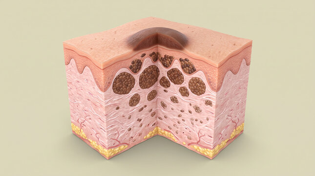 Detailed anatomical cross section showing layers of human skin with melanoma mole abnormality