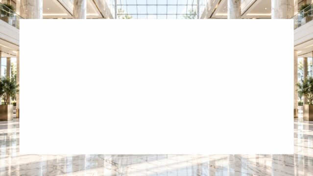 corporate atrium backgrounds with bright daylight, matte-white text space, and no text or people