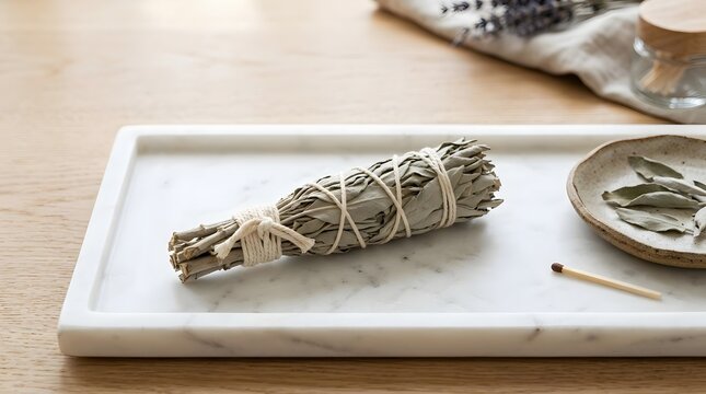 Dried sage bundle tied with string on a white marble tray