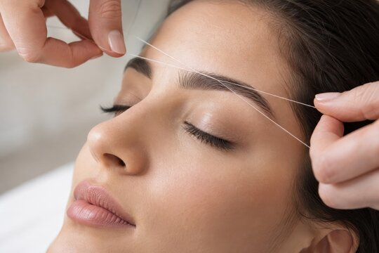 beautician shapes eyebrows with threading in a salon