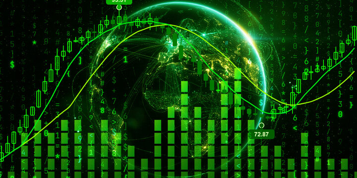 Digital globe with stock market charts and data, representing global finance and technology and business.