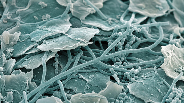 Microscopic scanning electron microscope view displaying detailed biological structures with various bacteria and fungal hyphae