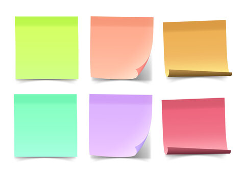 Set of colorful square sticky notes with curled corners transparent background