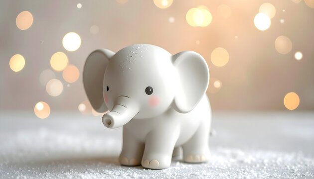 Elefante blanco de dibujos animados sobre nieve con luces doradas