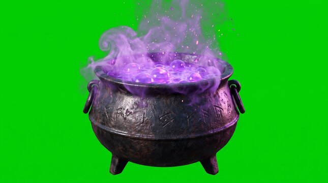 Witch cauldron with glowing purple magic potion on green screen