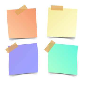 Set of four colorful square paper sticky notes attached with masking tape transparent background