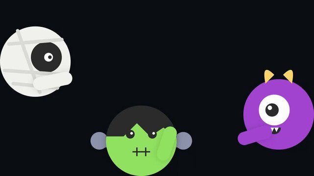 ​Animated cute Halloween monsters including mummy, Frankenstein, and cyclops popping up on dark.