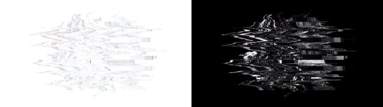 Glitch burst with monochrome pixel streaks and red cyan fringe for web designs in PNG, Transparent and Black Background Versions