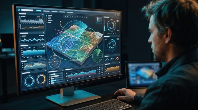 Operator analyzing complex 3D topographic radar and data on a computer screen in a dark control room