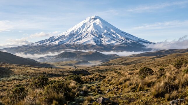 Majestic snow capped Cotopaxi volcano towering above morning clouds in the Andes