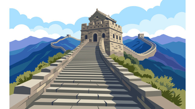Low-angle vector illustration of the Great Wall of China featuring a stone watchtower with stairs leading upward through green hills and blue mountains under a cloudy sky background.