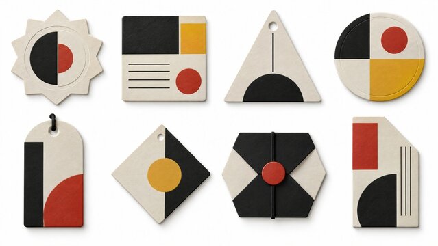 Set of geometric Bauhaus style tags with bold colors isolated on