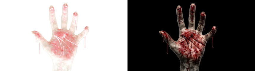 Zombie hand with bloody palm and dripping fingertips raised for horror art in PNG, Transparent and Black Background Versions © Tanay