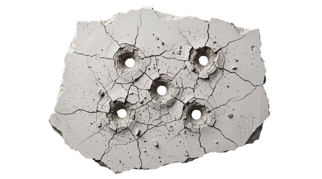 Damaged concrete slab with five bullet holes, cracked cement wall fragment with impact craters, gritty urban destruction for war and crime concepts. isolated PNG with Transparent Background