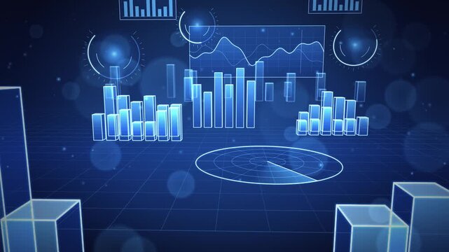 Futuristic financial data analytics interface with glowing blue charts and graphs