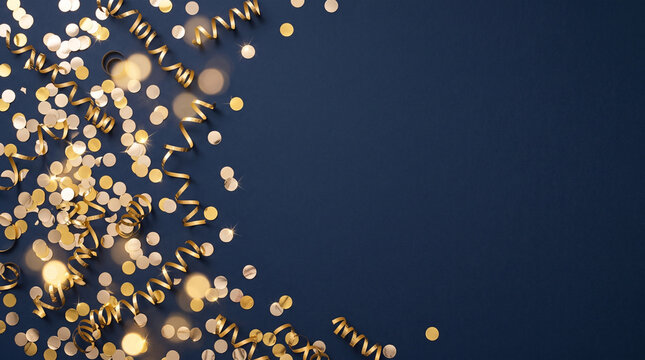 Gold and champagne confetti and streamers scattered on navy blue background, New Year party backdrop with copy space 202