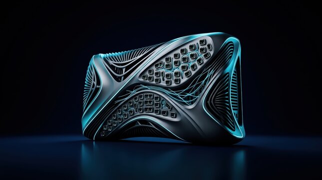 Futuristic hightech conceptual electronic device with glowing blue neon lights resting on a dark surface