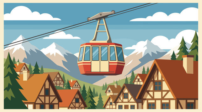 Cable Car rises above an Alpine Village rooftop