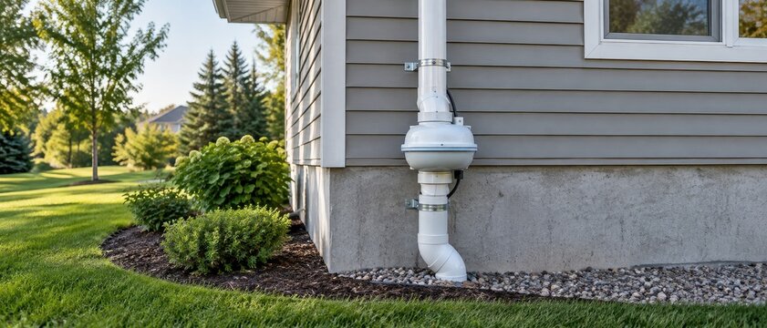 technician installs radon mitigation equipment in a basement