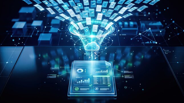 Glowing cloud computing funnel processing big data streams into organized digital business reports and analytics dashboards