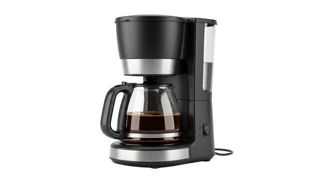 Modern drip coffee maker with glass carafe, electric filter coffee machine for home kitchen, professional automatic brewing equipment isolated PNG with Transparent Background