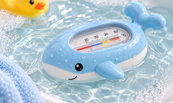 Floating Whale-Shaped Baby Bath Thermometer in Blue Water