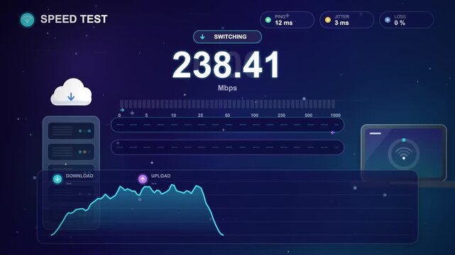 Internet Speed Test UI showing Download and Upload Mbps