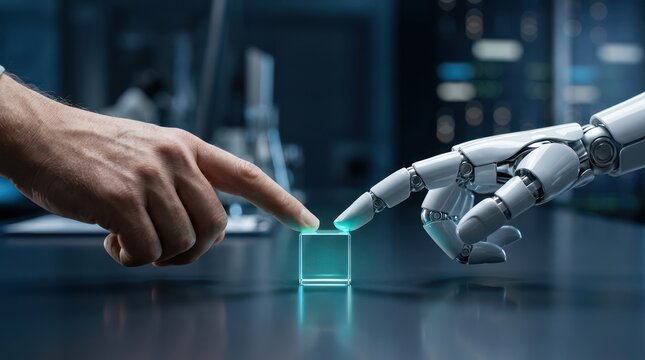 Human hand and robot hand touching small glowing glass cube on table
